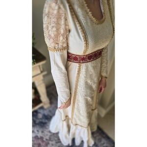 Vintage Lori Ann Ivory Lace Prairie Maxi Dress Gold Trim Floral Waistband Tiered